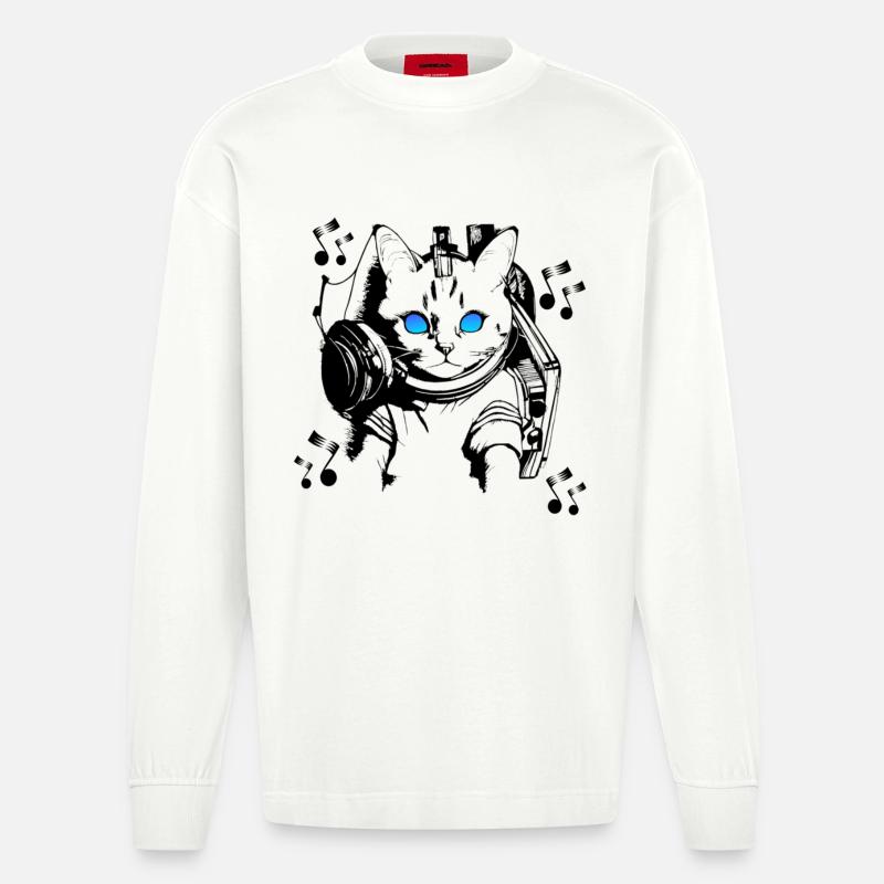 DJ Katze mit Kopfhörern - Heavyweight Oversized Organic Langarmshirt Made in EU - OFF WHITE
