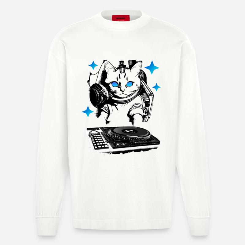 DJ Katze mit Mischpult - Heavyweight Oversized Organic Langarmshirt Made in EU - OFF WHITE