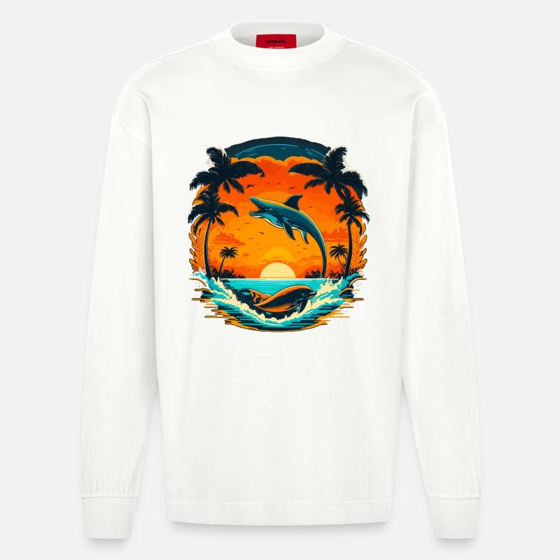 Delphin Sommer Sunset - Heavyweight Oversized Organic Langarmshirt Made in EU - OFF WHITE