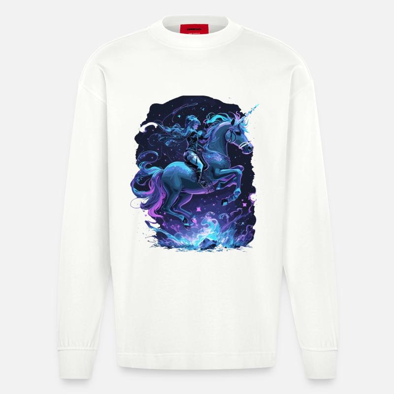 Mystisches Einhorn mit Reiterin - Heavyweight Oversized Organic Langarmshirt Made in EU - OFF WHITE