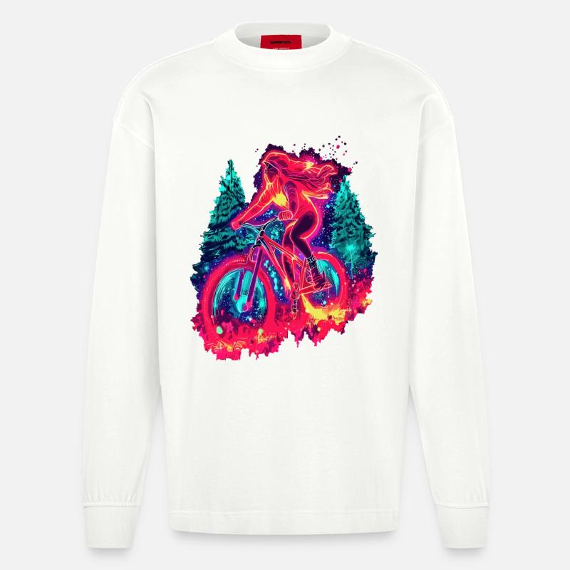 Synthwave Mountainbike Mädchen Waldfahrt - Heavyweight Oversized Organic Langarmshirt Made in EU - OFF WHITE