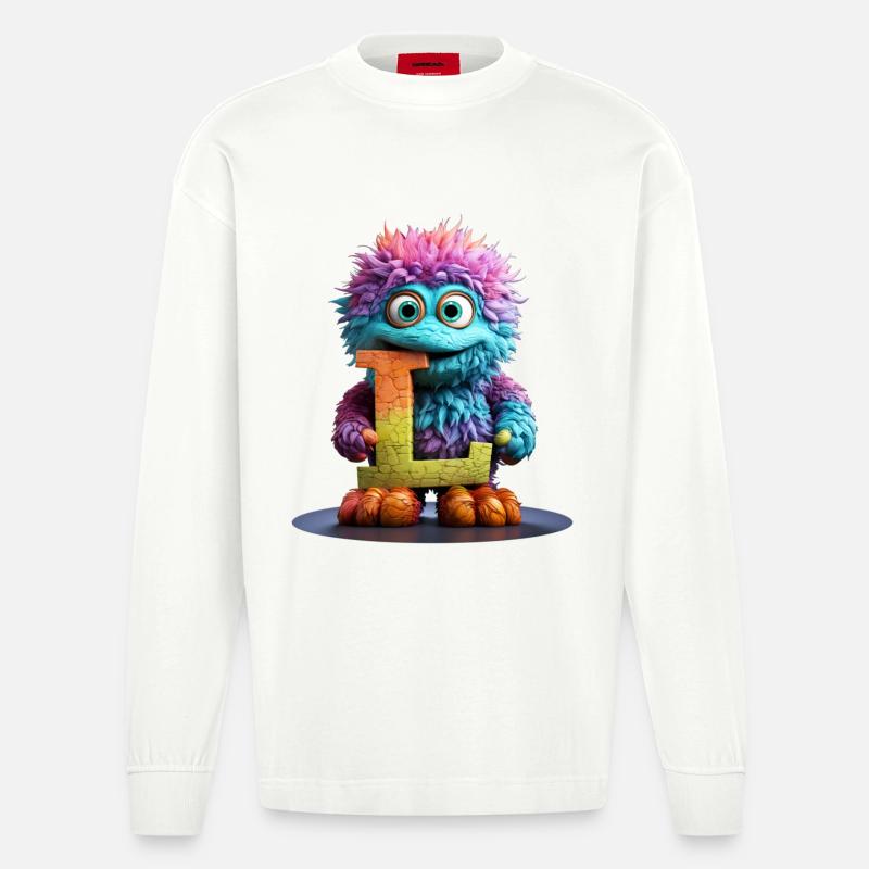 Regenbogenmonster mit Buchstabe L - Heavyweight Oversized Organic Langarmshirt Made in EU - OFF WHITE