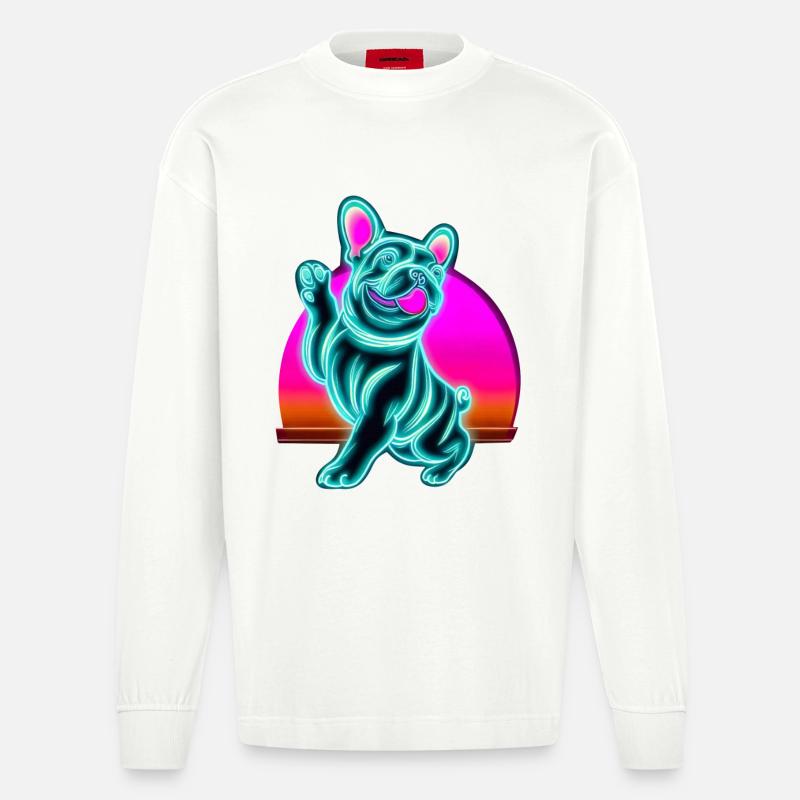 Frenchi Bulldogge Synthwave Sunset - Heavyweight Oversized Organic Langarmshirt Made in EU - OFF WHITE