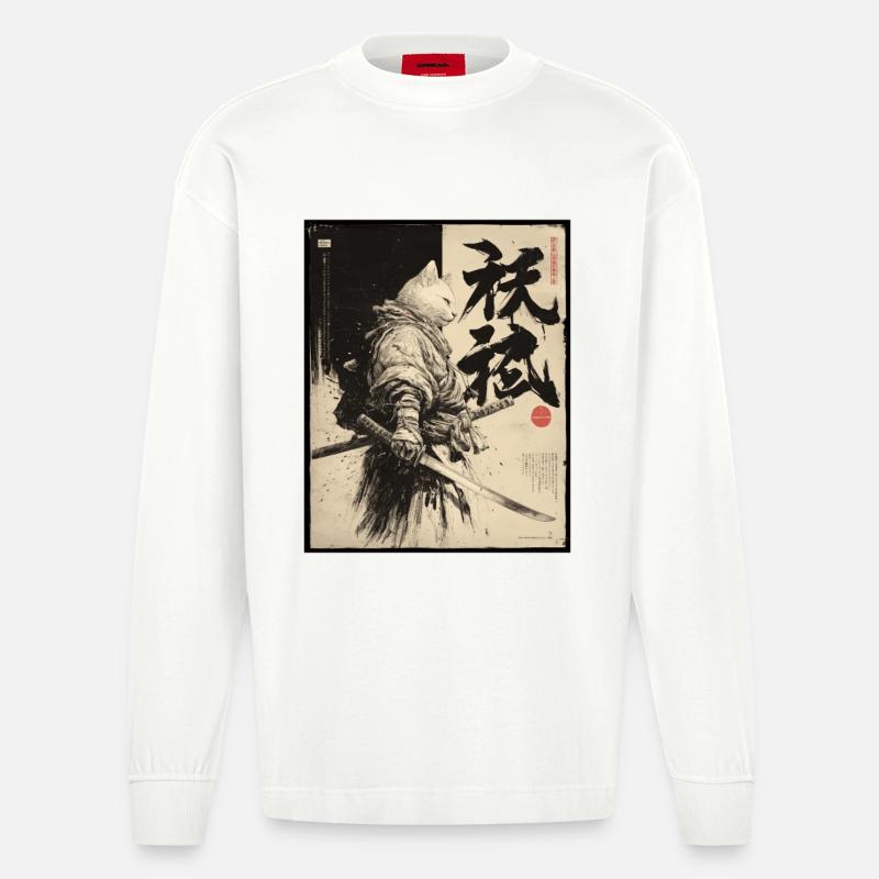 Samurai Katze, Japanischer Krieger & Kämpfer - Heavyweight Oversized Organic Langarmshirt Made in EU - OFF WHITE