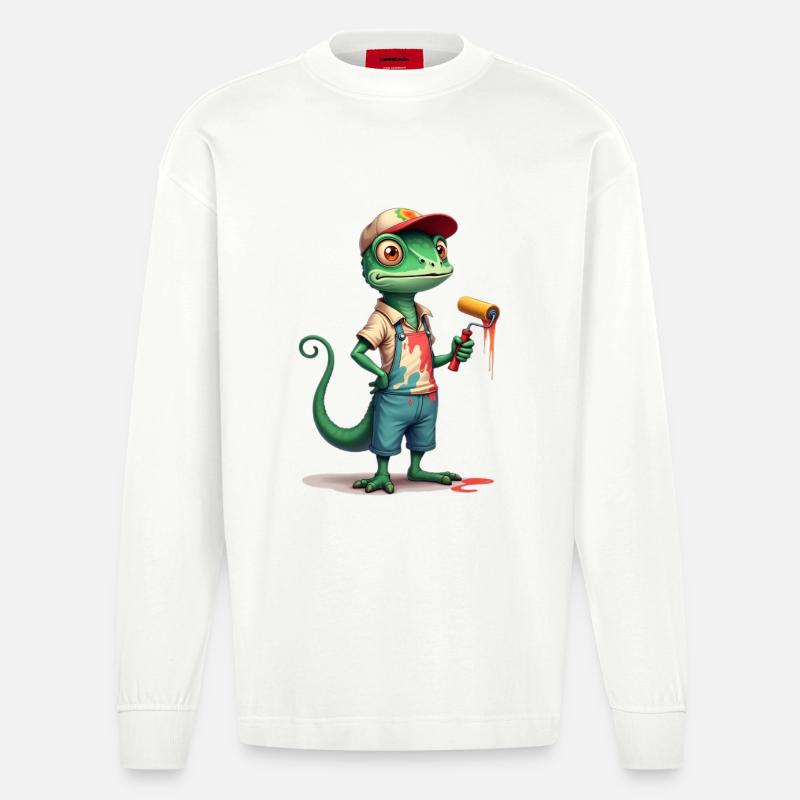 Chamäleon Maler Cartoon mit Farbroller - Heavyweight Oversized Organic Langarmshirt Made in EU - OFF WHITE