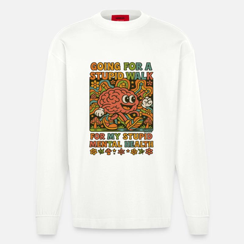 Stupid Walking Brain Retro Psychedelisch - Heavyweight Oversized Organic Langarmshirt Made in EU - OFF WHITE