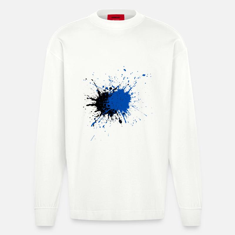 Impression créative d’éclaboussures de peinture bleue - Manches longues bio épais oversize fabriqué en UE - OFF WHITE