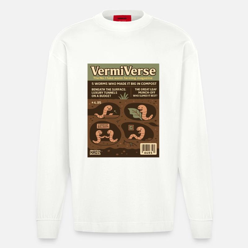 VermiVerse Ormefarming Parodimagasin - Heavyweight Oversized Organic langermet T-skjorte produsert i EU - OFF WHITE