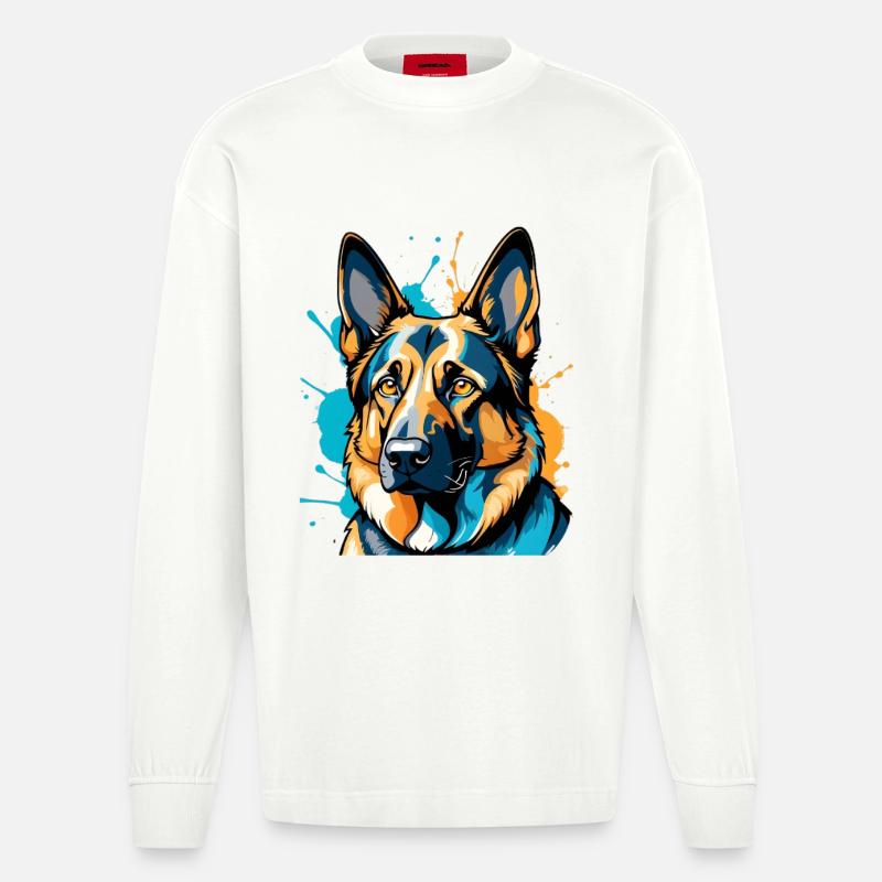 Lebendiger Schäferhund Farbexplosion - Heavyweight Oversized Organic Langarmshirt Made in EU - OFF WHITE