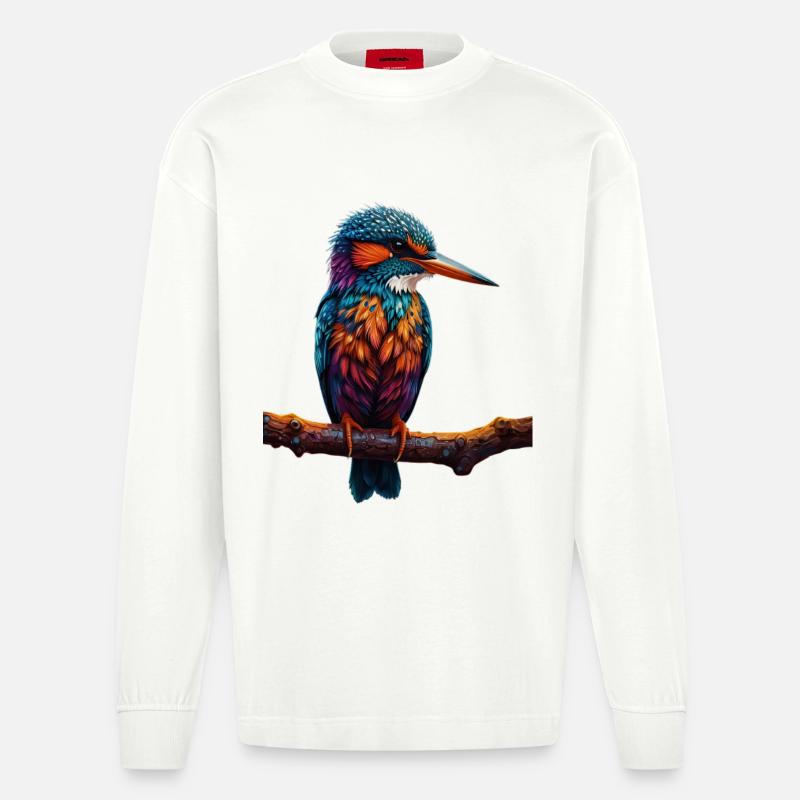 Bunter Eisvogel auf Ast - Heavyweight Oversized Organic Langarmshirt Made in EU - OFF WHITE