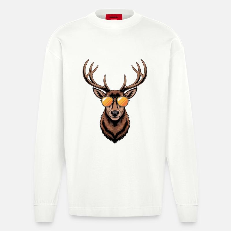Hirsch mit Geweih und Sonnenbrille - Heavyweight Oversized Organic Langarmshirt Made in EU - OFF WHITE