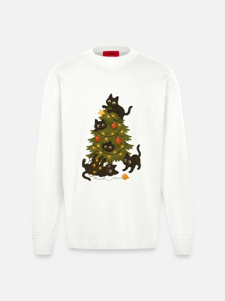 Funny Cats Playing Around Christmas Tree - Heavyweight Oversized Organic Longsleeve Shirt Made in EU - OFF WHITE