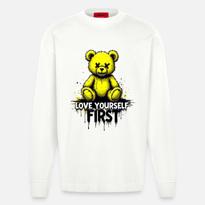 Love Yourself First Teddybär Graffiti - Heavyweight Oversized Organic Langarmshirt Made in EU - OFF WHITE