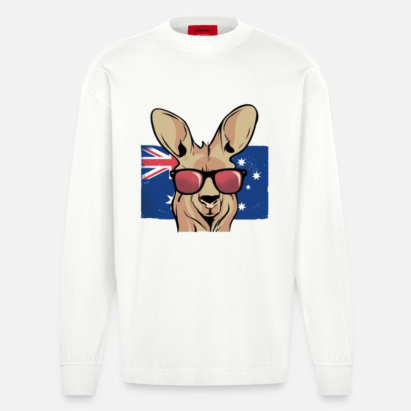 Känguru mit Sonnenbrillen Aussie Flagge - Heavyweight Oversized Organic Langarmshirt Made in EU - OFF WHITE