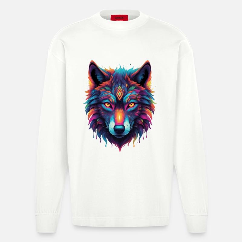 Neon-Wolf Kernmotiv Farbexplosion - Heavyweight Oversized Organic Langarmshirt Made in EU - OFF WHITE