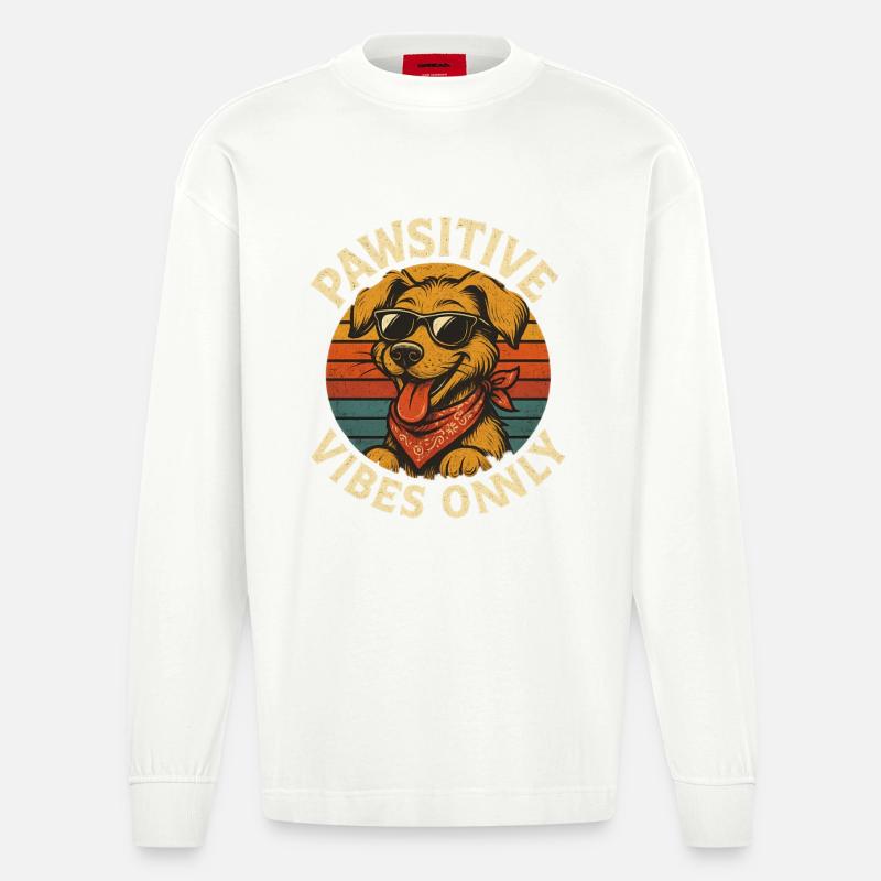 Pawsitive Vibes Only Hund Retro - Heavyweight Oversized Organic Langarmshirt Made in EU - OFF WHITE