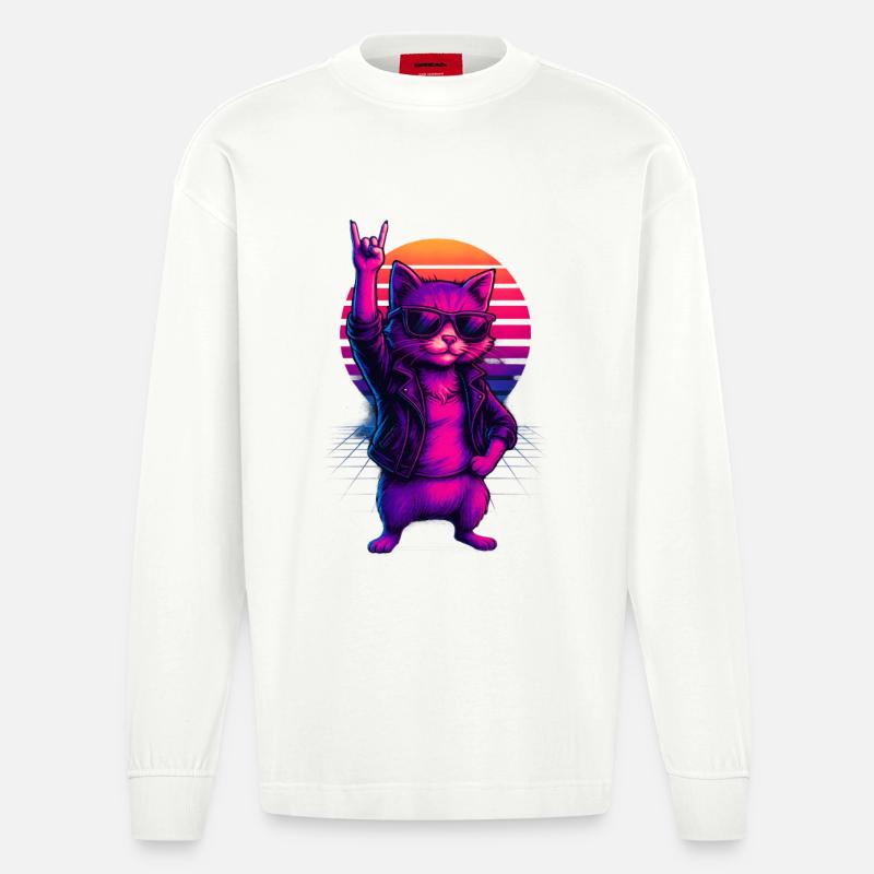 Synthwave Chat Chat Retro Sunset - Manches longues bio épais oversize fabriqué en UE - OFF WHITE