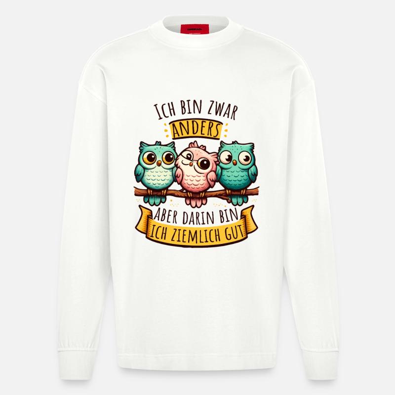 Anderssein Spruch mit bunten Eulen - Heavyweight Oversized Organic Langarmshirt Made in EU - OFF WHITE