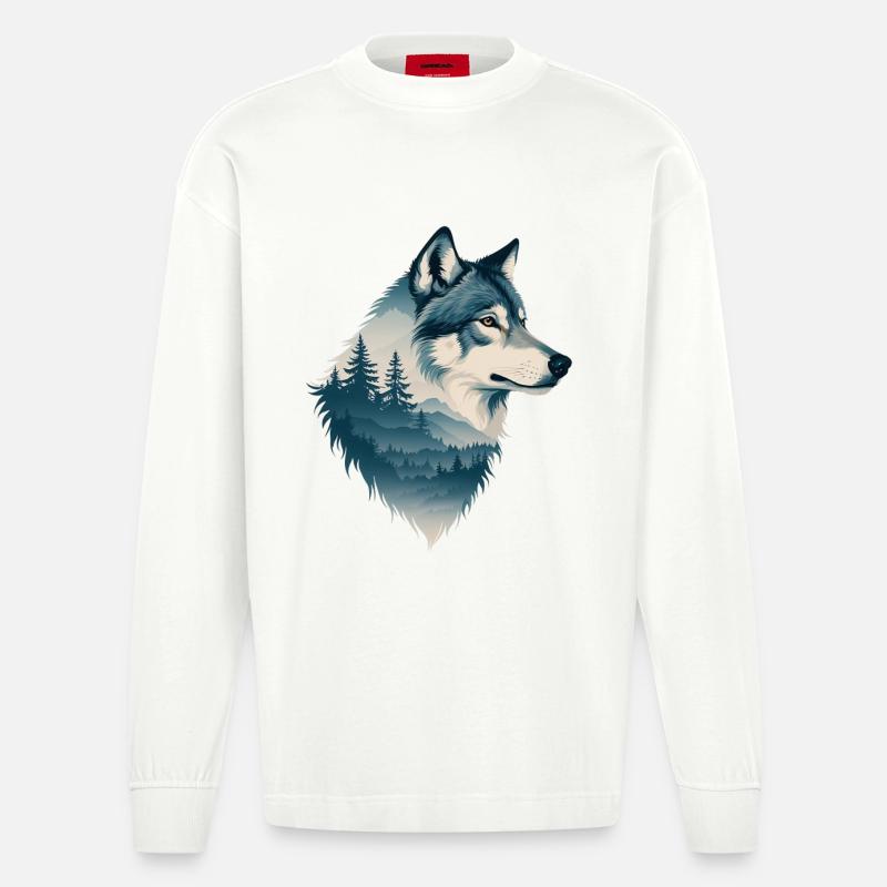 Blauer Wolf im Wald - Heavyweight Oversized Organic Langarmshirt Made in EU - OFF WHITE