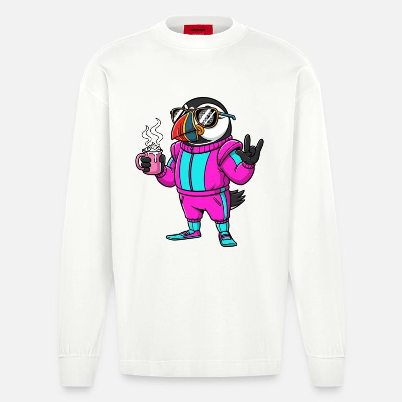 Stylischer Vogel im Ski-Overall mit Kaffee - Heavyweight Oversized Organic Langarmshirt Made in EU - OFF WHITE