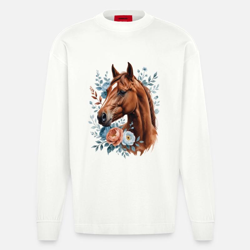 Cheval avec une couronne de fleurs - Manches longues bio épais oversize fabriqué en UE - OFF WHITE