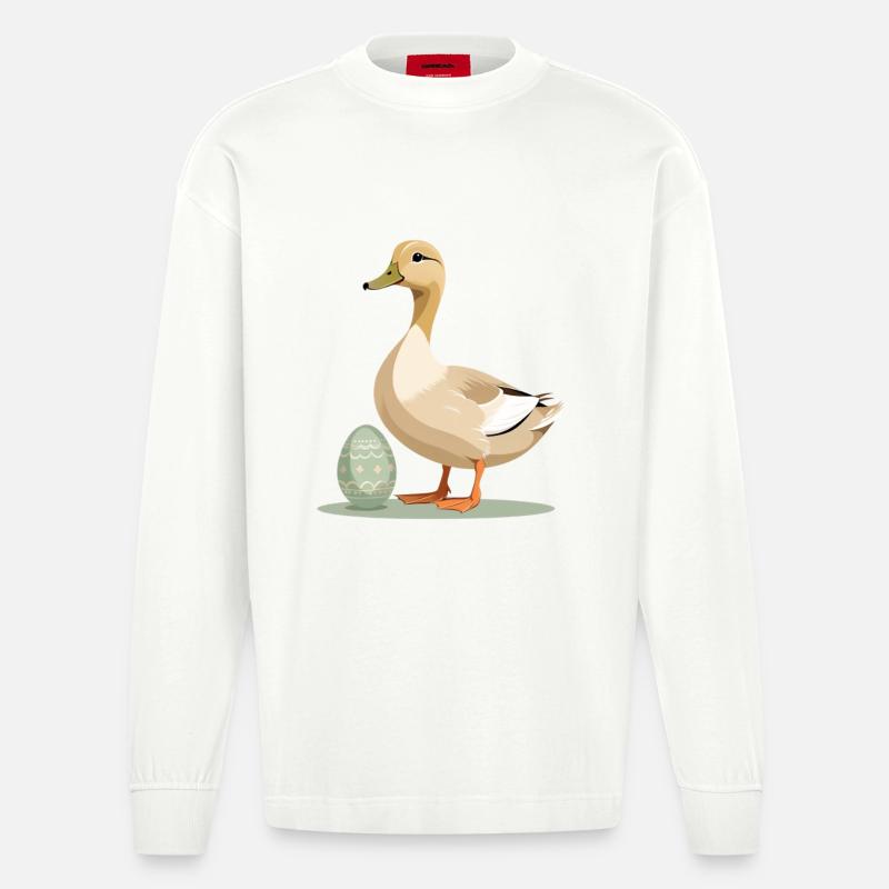 Spring duck with Easter egg - Heavyweight Oversized Organic Longsleeve Shirt Made in EU - OFF WHITE