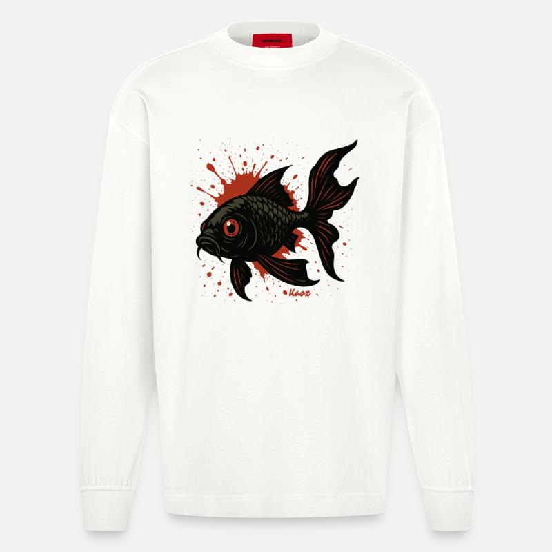 Éclaboussures de carpes koi : Poisson noir - Manches longues bio épais oversize fabriqué en UE - OFF WHITE