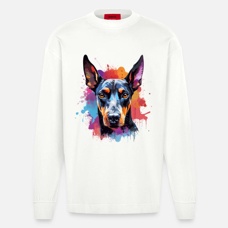 Portrait éclaboussé du Doberman vif - Manches longues bio épais oversize fabriqué en UE - OFF WHITE