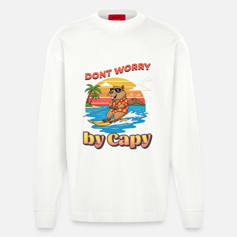 Surfeur capybara au coucher du soleil - Manches longues bio épais oversize fabriqué en UE - OFF WHITE