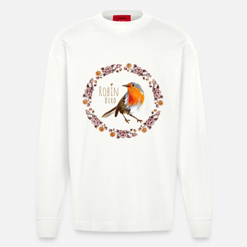 Rotkehlchen Vogel mit botanischen Blumen Design - Heavyweight Oversized Organic Langarmshirt Made in EU - OFF WHITE