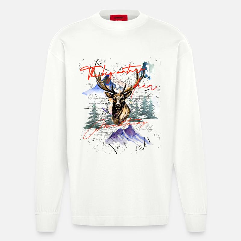 Hirsch Geweih Berge - Heavyweight Oversized Organic Langarmshirt Made in EU - OFF WHITE