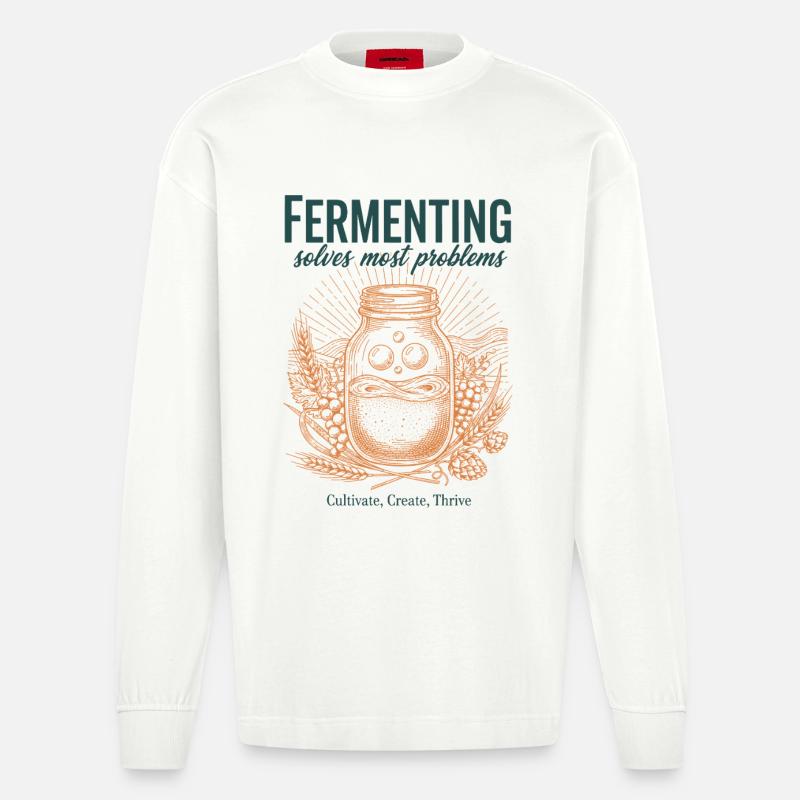 Fermenting Solves Most Problems Sourdough Era - Heavyweight Oversized Organic Longsleeve Shirt Made in EU - OFF WHITE