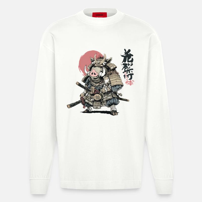Wildschwein-Samurai-Krieger in Rüstung - Heavyweight Oversized Organic Langarmshirt Made in EU - OFF WHITE