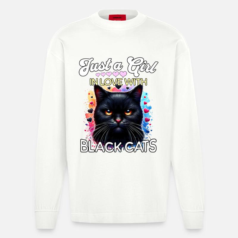 Schwarze Katze Mädchen - Heavyweight Oversized Organic Langarmshirt Made in EU - OFF WHITE