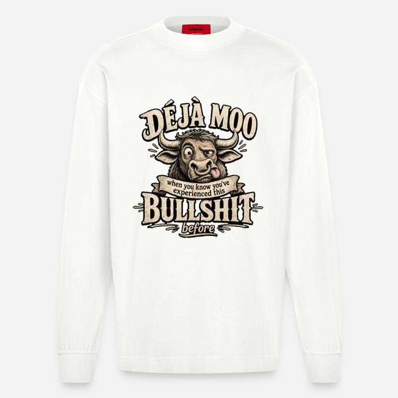 Déjà Moo Kuh Humor Spruch - Heavyweight Oversized Organic Langarmshirt Made in EU - OFF WHITE