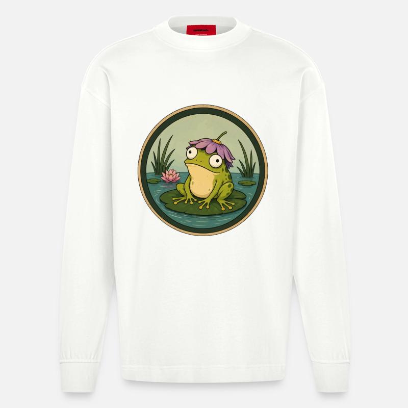 Grenouille de rivière sur nénuphar - Manches longues bio épais oversize fabriqué en UE - OFF WHITE