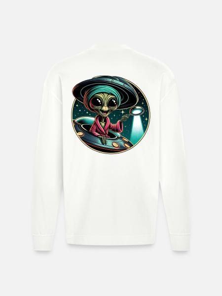 Alien detective in UFO light - Heavyweight Oversized Organic Longsleeve Shirt Made in EU - OFF WHITE