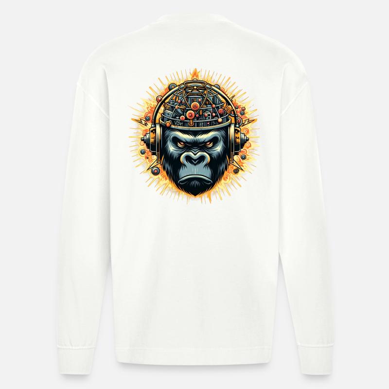 Gorilla-Cybersound mit Techno-Kopf - Heavyweight Oversized Organic Langarmshirt Made in EU - OFF WHITE
