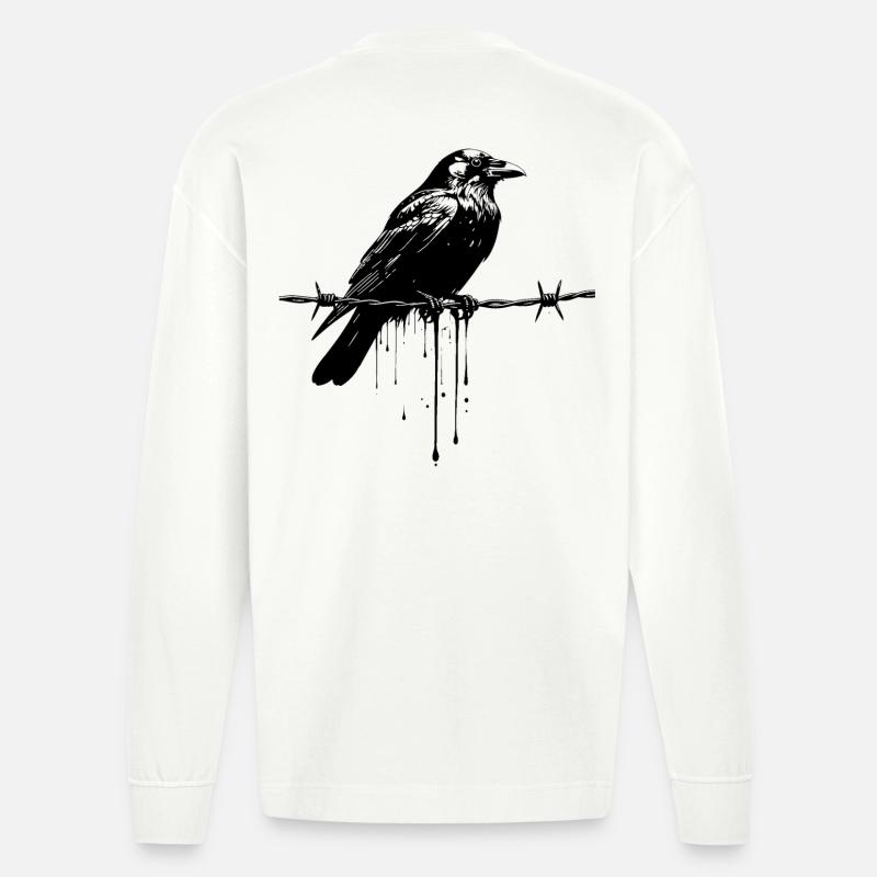 Rabe auf Stacheldraht-Tinte - Heavyweight Oversized Organic Langarmshirt Made in EU - OFF WHITE