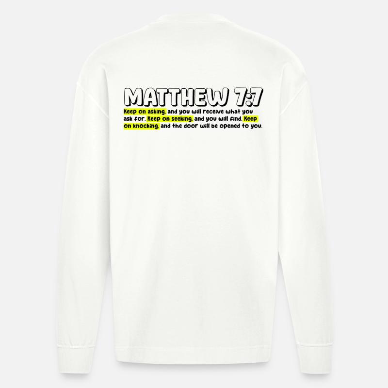 Matthieu 7:7 | Citation de la Bible - Manches longues bio épais oversize fabriqué en UE - OFF WHITE
