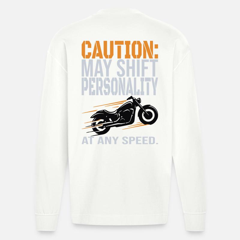 Caution – Personality Shift Biker Design - Heavyweight Oversized Organic Longsleeve Shirt Made in EU - OFF WHITE