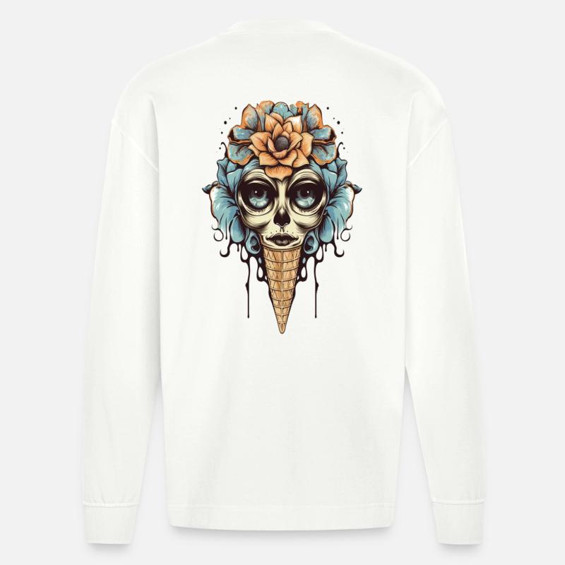 Blumen-Totenkopf Eistüte Design - Heavyweight Oversized Organic Langarmshirt Made in EU - OFF WHITE