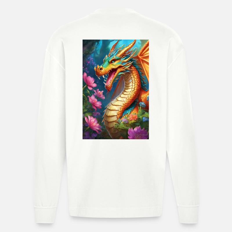 Glutdrache im blühenden Wald - Heavyweight Oversized Organic Langarmshirt Made in EU - OFF WHITE
