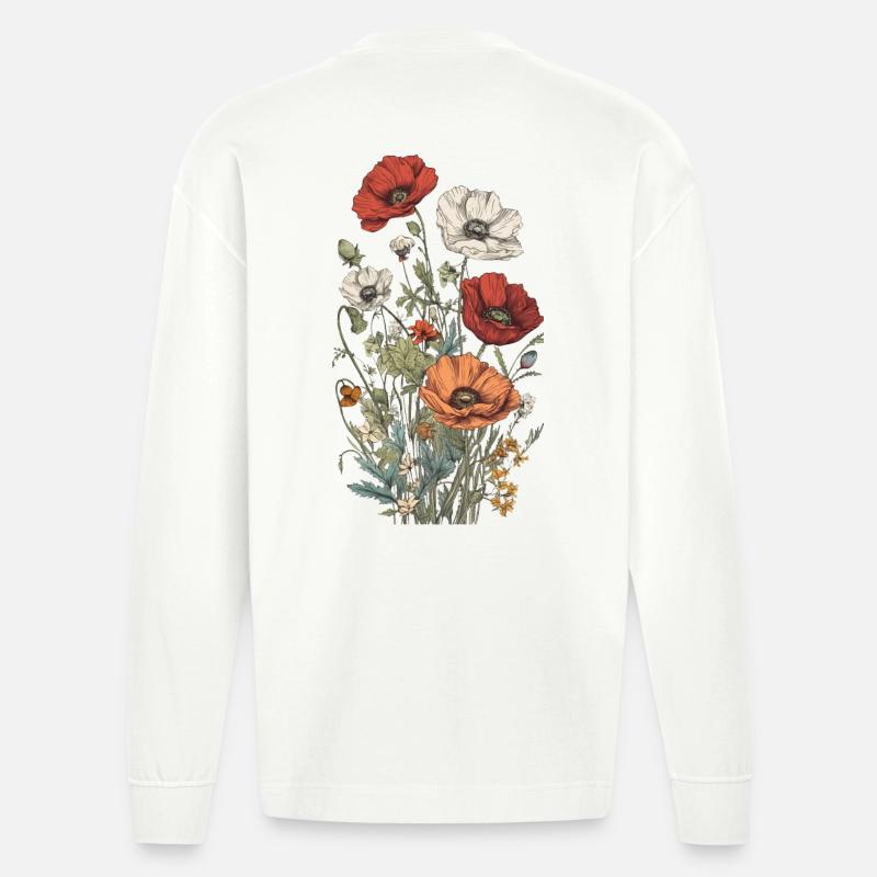 Wunderschönes Boho Mohn Herbarium Bouquet - Heavyweight Oversized Organic Langarmshirt Made in EU - OFF WHITE