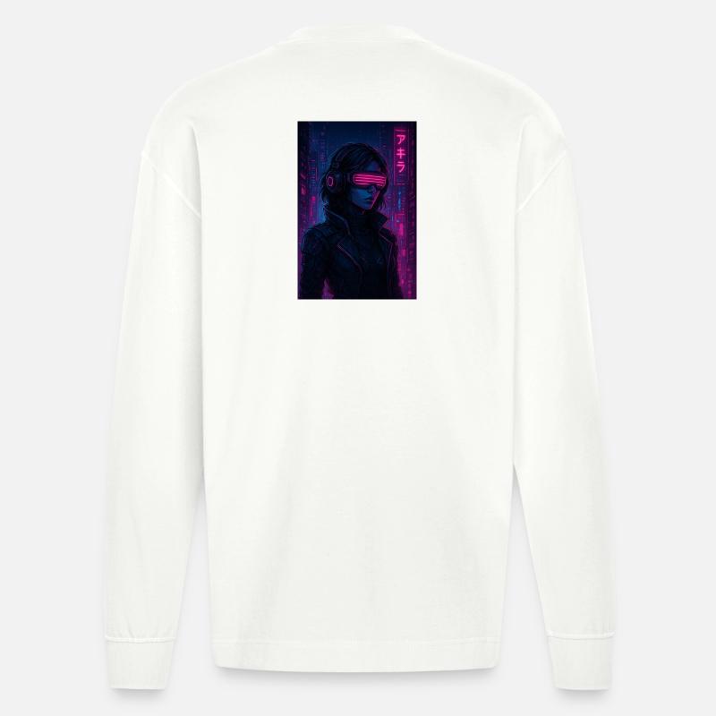 Cyberpunk Neon Pilot - Heavyweight Oversized Organic Langarmshirt Made in EU - OFF WHITE