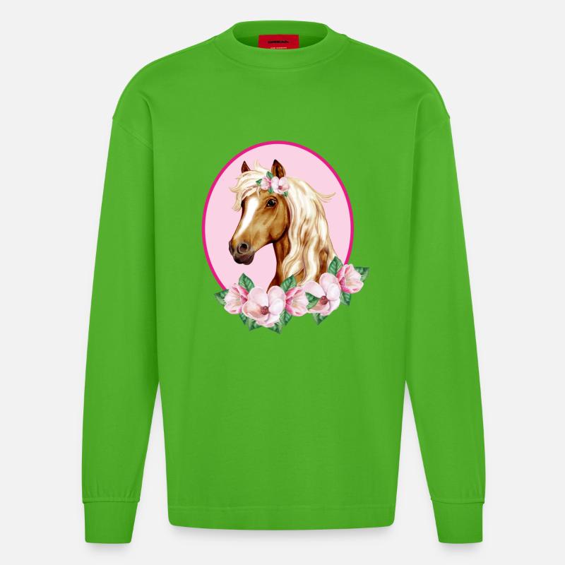 Romantisches braunes Pferd - Blüten rosa - Heavyweight Oversized Organic Langarmshirt Made in EU - Apple Neon