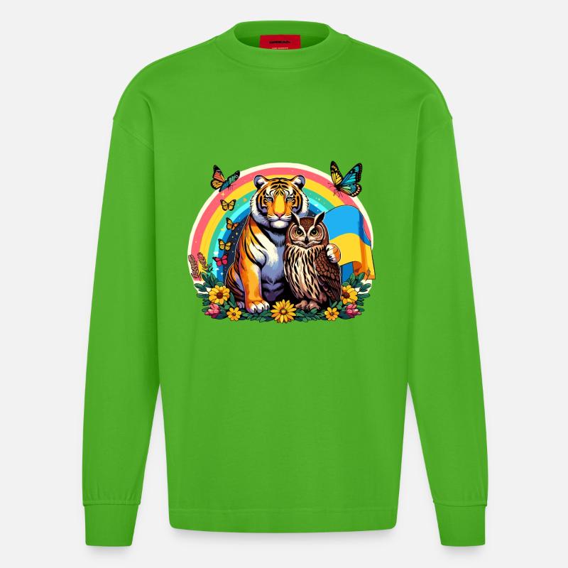 Tiger Eule Regenbogen - Heavyweight Oversized Organic Langarmshirt Made in EU - Apple Neon