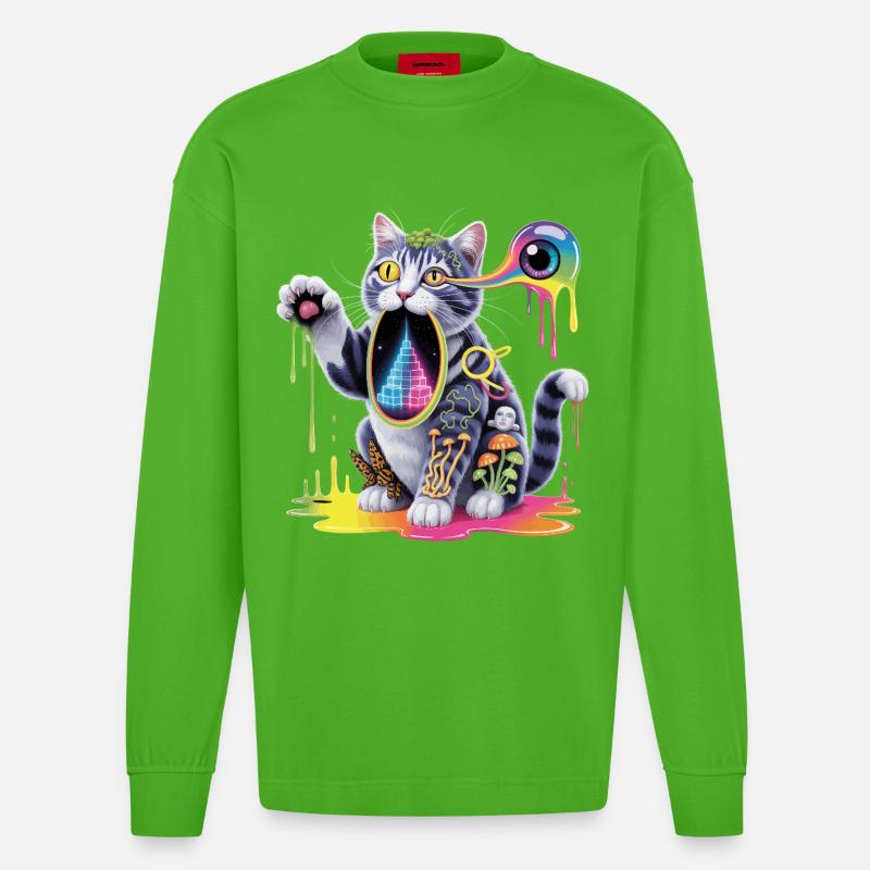 Psychedelische Katze Surreale Kunst Design - Heavyweight Oversized Organic Langarmshirt Made in EU - Apple Neon