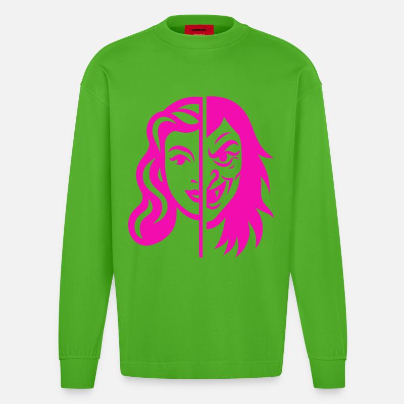 Split Face Kontrast - Heavyweight Oversized Organic Langarmshirt Made in EU - Apple Neon
