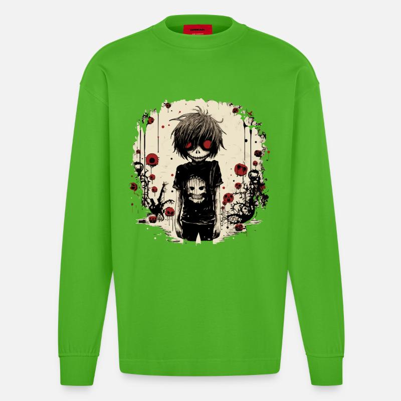 Red-Eyed Skull Kid – Emo Comic Design - Heavyweight Oversized Organic Langarmshirt Made in EU - Apple Neon